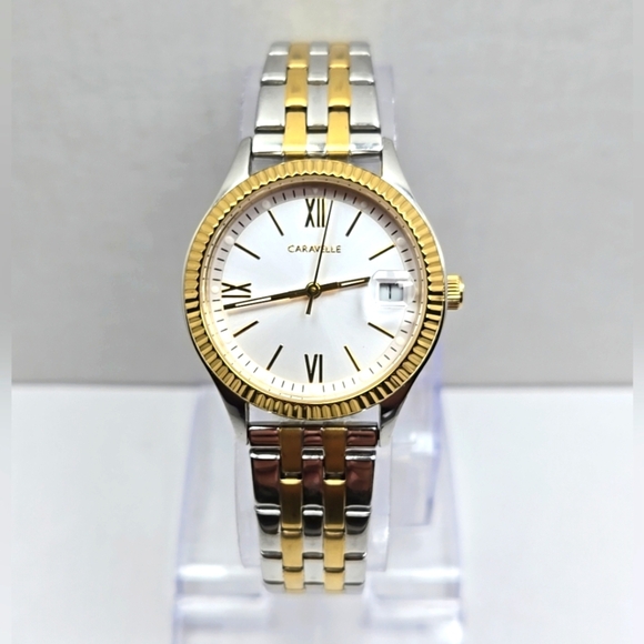 Caravelle By Bulova Womens Gold Silver Two Tone Date Watch 45M112 New Battery - Picture 1 of 9